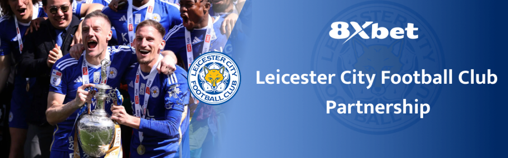 Logo Leicester City và 8xbet cùng nhau thể hiện mối quan hệ hợp tác giữa câu lạc bộ bóng đá và nền tảng cá cược trực tuyến hàng đầu